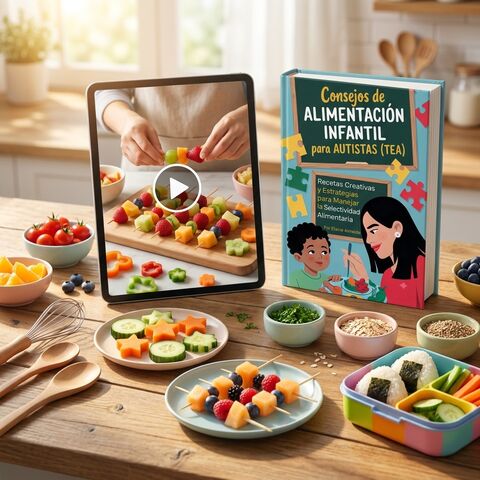 Guía de recetas fáciles para la selectividad alimentaria infantil, junto a ejemplos de platos con frutas y verduras cortadas en formas reconocibles.
